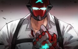 Rule 34 | 1boy, clenched hand, collared shirt, counter:side, covered face, faceless, faceless male, gauntlets, glowing, glowing eyes, helmet, highres, kim chulsoo, male focus, red headwear, shirt, simple background, solo, suspenders, x, zanlyu