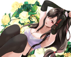 Rule 34 | 1girl, armpits, arms up, black gloves, black hair, black thighhighs, bracer, breasts, cleavage, elbow gloves, final fantasy, final fantasy vii, final fantasy vii remake, fingerless gloves, flower, from side, gloves, large breasts, lips, long hair, looking at viewer, low-tied long hair, lying, on back, parted lips, red eyes, rose, shoji sakura, solo, square enix, suspenders, swept bangs, tank top, thighhighs, tifa lockhart, white tank top