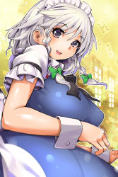Rule 34 | 1girl, :d, black eyes, blue dress, blush, bow, braid, breasts, dress, from side, green bow, hair bow, highres, izayoi sakuya, large breasts, looking at viewer, looking to the side, maid, maid headdress, open mouth, puffy short sleeves, puffy sleeves, short sleeves, silver hair, smile, solo, touhou, twin braids, umigarasu (kitsune1963), upper body, wrist cuffs