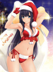 Rule 34 | 1girl, arms up, bare shoulders, bikini, black hair, blue eyes, breasts, christmas, cleavage, closed mouth, collarbone, commentary request, fur-trimmed bikini, fur-trimmed gloves, fur-trimmed headwear, fur trim, gloves, groin, hair between eyes, hat, holding, holding sack, light smile, long hair, looking at viewer, medium breasts, merry christmas, navel, nonaka ritsu, original, pom pom (clothes), red bikini, red gloves, red hat, sack, santa bikini, santa costume, santa hat, side-tie bikini bottom, solo, swimsuit, very long hair