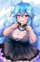 Rule 34 | 1girl, absurdres, bao (vtuber), blue bow, blue hair, blush, bow, breasts, dress, hair bow, hair ornament, highres, humanization, indie virtual youtuber, large breasts, long hair, looking at viewer, open mouth, red eyes, sae art, smile, solo, virtual youtuber
