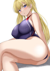 Rule 34 | 1girl, ass, bare legs, blonde hair, blue eyes, blue one-piece swimsuit, blush, breasts, competition swimsuit, crossed legs, feet out of frame, female focus, from below, highres, large breasts, long hair, looking at viewer, one-piece swimsuit, original, parted lips, shiina nami, sitting, solo, swimsuit, thick thighs, thighs, twintails