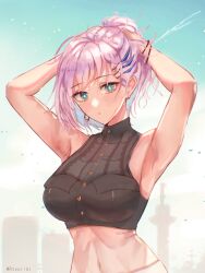 Rule 34 | 1girl, armpits, arms on head, arms up, artist name, bare shoulders, breasts, crop top, earrings, green eyes, hair ornament, hands on own head, highres, hololive, hololive indonesia, jewelry, large breasts, looking at viewer, navel, pavolia reine, pavolia reine (street), presenting armpit, rtyuii7, shirt, short hair, sleeveless, sleeveless shirt, solo, twitter username, upper body, virtual youtuber, white hair