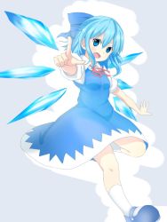Rule 34 | &gt;:d, 1girl, :d, blue eyes, blue hair, blush, breasts, cirno, collared shirt, commentary, dress, fang, ice, ice wings, mary janes, open mouth, pointing, pointing at viewer, puffy short sleeves, puffy sleeves, sansechiru, shirt, shoes, short hair, short sleeves, small breasts, smile, socks, solo, touhou, v-shaped eyebrows, wings