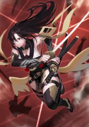 Rule 34 | 1girl, attack, bare shoulders, belt, bisected, black hair, bodysuit, breasts, commentary request, commission, detached sleeves, hair between eyes, heterochromia, highres, holding, holding sword, holding weapon, jun (navigavi), katana, long hair, making-of available, motion blur, ninja, original, sheath, sheathed, signature, silhouette, skeb commission, slashing, sword, thigh strap, thighhighs, weapon