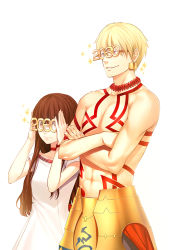 Rule 34 | 10s, 1boy, 1girl, 2030, :&gt;, blonde hair, brown eyes, brown hair, choker, closed mouth, collarbone, crossed arms, dress, earrings, fate/extra, fate/extra ccc, fate (series), gilgamesh (fate), glasses, jewelry, kishinami hakuno (female), necklace, short sleeves, simple background, smile, smirk, sparkle, topless, white background, white dress, yoshimune (b12f)