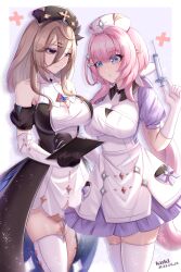 Rule 34 | 2girls, absurdres, aponia (honkai impact), bare shoulders, black dress, blue eyes, breasts, brown hair, cleavage, clipboard, closed mouth, collarbone, commentary request, covered collarbone, cutescookie, dated, dress, elbow gloves, elysia (honkai impact), gloves, grey eyes, hair between eyes, highres, holding, holding syringe, honkai (series), honkai impact 3rd, large breasts, multiple girls, off-shoulder dress, off shoulder, parted lips, pink hair, puffy short sleeves, puffy sleeves, purple background, purple dress, short sleeves, single thighhigh, skindentation, syringe, thighhighs, two-tone background, white background, white thighhighs