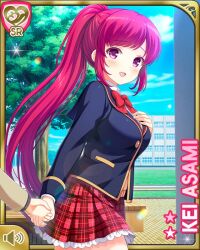 Rule 34 | asami kei, blazer, cardigan, girlfriend (kari), jacket, long hair, non-web source, plaid, plaid skirt, ponytail, purple eyes, red hair, red skirt, school uniform, skirt, very long hair