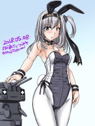 Rule 34 | + +, 1girl, adapted costume, alternate costume, animal ears, bare shoulders, black headband, blue background, blush, bow, bowtie, breasts, cannon, chou-10cm-hou-chan (suzutsuki&#039;s), cleavage, collarbone, cowboy shot, dated, detached collar, fake animal ears, gradient background, hachimaki, hair between eyes, hair flaps, headband, kantai collection, leotard, long hair, looking at viewer, necktie, one side up, pantyhose, playboy bunny, rabbit ears, rabbit tail, silver hair, small breasts, strapless, strapless leotard, suzutsuki (kancolle), tail, tatsumi ray, turret, white leotard, white neckwear, white pantyhose, wrist cuffs