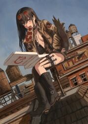 Rule 34 | 1girl, absurdres, black hair, blue eyes, boots, breasts, cleavage, dagger, eating, eyewear on head, fingerless gloves, food, food in mouth, gloves, gold can, highres, holster, jewelry, knife, necklace, original, pizza, pizza box, pizza slice, rooftop, sitting, solo, thigh holster, tinted eyewear, water tower, weapon, weather vane