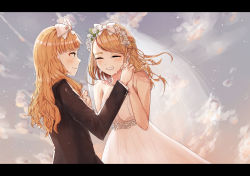 Rule 34 | 2girls, af (user hcyy5587), blonde hair, bow, bridal veil, bride, closed eyes, dress, flower, gown, hair bow, highres, holding hands, incest, jessica (jinrou judgment), jewelry, jinrou judgment, letterboxed, long hair, multiple girls, necklace, open mouth, outdoors, sandra (jinrou judgment), siblings, sisters, sky, smile, strapless, strapless dress, tears, tuxedo, twincest, twins, veil, wedding dress, white dress, wife and wife, yuri
