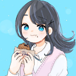 Rule 34 | 1girl, black hair, blue background, blue eyes, blush, collared shirt, eating, food, food on face, highres, holding, holding food, long hair, long sleeves, looking at viewer, original, shirt, solo, sweater vest, taiyaki, thick eyebrows, upper body, wagashi, wolf gugu