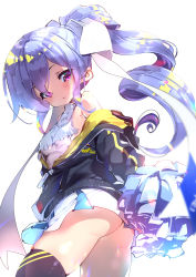 Rule 34 | 1girl, ass, backlighting, black thighhighs, breasts, cheerleader, commentary request, cowboy shot, from below, fujishima-sei ichi-gou, hair ribbon, highres, jacket, long hair, looking at viewer, looking down, off shoulder, original, personification, pom pom (cheerleading), ponytail, purple eyes, ribbon, small breasts, solo, thighhighs, thighs