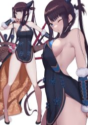 Rule 34 | 1girl, akatsuki ikki, bare shoulders, black dress, blue eyes, blush, breasts, china dress, chinese clothes, cleavage, detached sleeves, dress, fate/grand order, fate (series), flute, full body, hair ornament, instrument, large breasts, legs, long hair, looking at viewer, multiple views, one eye closed, pipa (instrument), purple hair, side slit, sidelocks, twintails, very long hair, white background, yang guifei (fate), yang guifei (second ascension) (fate)