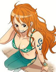 Rule 34 | 1girl, arm tattoo, bare legs, bare shoulders, bikini, bikini top only, breasts, cleavage, collarbone, earrings, floating hair, from above, grin, hand up, jewelry, living (pixiv5031111), log pose, long hair, looking to the side, medium breasts, nami (one piece), navel, one piece, orange hair, pants, sidelocks, sitting, smile, solo, stomach, swimsuit, tattoo