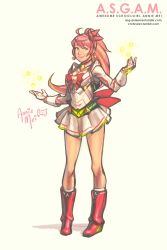 Rule 34 | 1girl, ahoge, annie mei, annie mei project, boots, bow, caleb thomas, character name, earrings, gloves, green eyes, highres, jewelry, long hair, magic, magical girl, miniskirt, orb, original, pink hair, ponytail, skirt, solo, white gloves