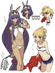 Rule 34 | &gt;:), &gt;:d, 2girls, :d, :t, absurdly long hair, animal ears, arm behind back, bad id, bad pixiv id, bare arms, bare shoulders, belt, black belt, blunt bangs, blush, bracelet, braid, breasts, chibi, closed mouth, collar, cropped legs, d:, d:&lt;, dark-skinned female, dark skin, denim, denim shorts, egyptian clothes, facial mark, fang, fate/grand order, fate (series), from behind, green eyes, hair between eyes, hair tubes, hairband, hand in own hair, highres, holding, holding clothes, holding jacket, jacket, jewelry, long hair, looking at viewer, looking back, low-tied long hair, medium breasts, medium hair, mordred (fate), mordred (fate) (all), mordred (fate/apocrypha), mordred (swimsuit rider) (fate), multiple girls, multiple views, navel, necklace, nitocris (fate), nitocris (fate/grand order), nitocris (swimsuit assassin) (fate), open mouth, panties, ponytail, purple eyes, purple hair, rabbit ears, red jacket, short shorts, short sleeves, shorts, simple background, small breasts, smile, standing, teshima nari, translation request, underwear, v-shaped eyebrows, very long hair, white background, white panties
