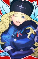 Rule 34 | 1girl, black gloves, blonde hair, blue eyes, breasts, buttons, coat, eyebrows, eyelashes, fur hat, fur trim, gloves, hat, highres, ice, kolin, lips, long hair, looking at viewer, one eye closed, parted lips, red background, solo, street fighter, street fighter v, teeth, thick lips, ushanka, wavy hair, wink, winter clothes, winter coat, wryyoco