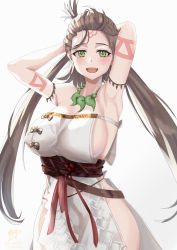 Rule 34 | 1girl, absurdres, armpits, arms behind head, arms up, bare shoulders, blush, body markings, breasts, brown hair, dress, facial mark, fate/grand order, fate (series), forehead, forehead mark, green eyes, highres, himiko (fate), himiko (first ascension) (fate), jewelry, katsuki kazutsuki, large breasts, long hair, looking at viewer, magatama, magatama necklace, necklace, no bra, no panties, open mouth, sash, side slit, sideboob, simple background, smile, thighs, topknot, twintails, white background, white dress
