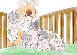 Rule 34 | 1girl, 5others, absurdres, aburaeoyaji, animal ears, baby, baby carry, brown eyes, brown hair, carrying, crib, dhole (kemono friends), dog ears, dog girl, dog tail, extra ears, fur collar, gloves, grey hair, highres, holding baby, kemono friends, kemono friends 3, mother and child, multiple others, pacifier, playing, shirt, sleeveless, sleeveless shirt, tail
