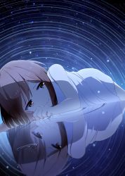 Rule 34 | 1girl, 3:, a.a (aa772), brown eyes, brown hair, closed mouth, dress, dutch angle, highres, looking to the side, lying, on stomach, original, reflection, ripples, sky, solo, spiral, star (sky), starry sky, tears, white dress