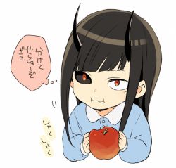 Rule 34 | 1boy, 7100potechi, :i, black hair, black sclera, blue shirt, chewing, child, closed mouth, colored sclera, diagonal bangs, eating, enedra, food, fruit, holding, holding food, holding fruit, horns, kindergarten uniform, long hair, long sleeves, looking at viewer, male focus, mismatched sclera, red eyes, shirt, simple background, solo, straight hair, thought bubble, wavy mouth, white background, world trigger