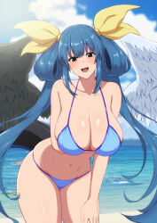 Rule 34 | 1girl, angel wings, arm under breasts, asymmetrical wings, bare shoulders, beach, bikini, blue bikini, blue sky, blush, breasts, cleavage, cloud, cloudy sky, dizzy (guilty gear), fuuma (bangolga1), groin, guilty gear, guilty gear xrd, guilty gear xx, hair rings, hanging breasts, large breasts, leaning forward, long hair, looking at viewer, mature female, monster girl, navel, ocean, open mouth, sidelocks, skindentation, sky, solo, stomach, sunlight, swimsuit, tail, thick thighs, thighs, twintails, water, wings