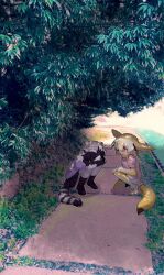 Rule 34 | 2girls, animal ears, bad id, bad twitter id, black gloves, black hair, black skirt, blonde hair, boots, commentary request, common raccoon (kemono friends), day, extra ears, face down, fennec (kemono friends), fox ears, fox tail, full body, gloves, grass, grey hair, inactive account, jmeysan, kemono friends, looking at another, multicolored hair, multiple girls, open mouth, outdoors, path, photo background, pink shirt, pleated skirt, purple shirt, raccoon ears, raccoon tail, road, shirt, short hair, short sleeves, sitting, skirt, smile, striped tail, tail, tree, tree shade, white hair, white skirt