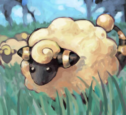 Rule 34 | black eyes, blue sky, cloud, commentary, creatures (company), english commentary, game freak, gen 2 pokemon, grass, mareep, nintendo, no humans, outdoors, pokemon, pokemon (creature), sailorclef, sheep, sky, striped tail, tail, wool