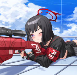 Rule 34 | 1girl, absurdres, anti-materiel rifle, anzio ironworks 20mm rifle, armband, ass, black hair, black serafuku, black wings, blue archive, blue sky, bow, closed mouth, cloud, day, ddog, fingerless gloves, gloves, gun, halo, highres, holding, holding gun, holding weapon, long sleeves, looking away, low wings, lying, mashiro (blue archive), miniskirt, on stomach, one eye closed, pleated skirt, purple eyes, red bow, rifle, school uniform, serafuku, short hair, skirt, sky, sniper rifle, solo, sweat, weapon, winged halo, wings