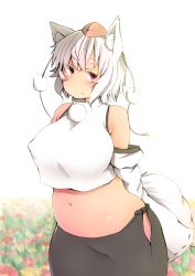 Rule 34 | 1girl, animal ears, arms behind back, bare shoulders, belly, blush, breasts, commentary, detached sleeves, covered erect nipples, fang, fang out, field, flower, flower field, highres, hip focus, inubashiri momiji, large breasts, long hair, looking at viewer, midriff, navel, plump, pom pom (clothes), purple eyes, seductive smile, shishi juuroku, short hair, side-tie skirt, skirt, smile, solo, standing, tail, thick eyebrows, touhou, turtleneck, white hair, wolf ears, wolf tail