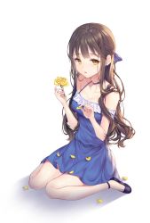Rule 34 | 1girl, absurdres, ankle lace-up, bare shoulders, blue bow, blue choker, blue dress, bow, brown hair, choker, collarbone, commentary, cross-laced footwear, dress, flower, hair bow, halterneck, highres, holding, holding flower, long hair, looking at viewer, off-shoulder dress, off shoulder, original, parted lips, petals, purple footwear, reel (riru), rose, shoes, sitting, solo, very long hair, wariza, white background, yellow eyes, yellow flower, yellow rose