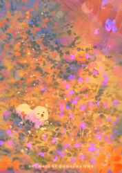 Rule 34 | absurdres, animal focus, creature, dog, evening, flower, from above, grass, gwagwagwa, highres, lens flare, looking at viewer, meadow, nature, no humans, one eye closed, orange flower, original, pixiv username, purple flower, scenery, watermark