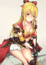 Rule 34 | 10s, 1girl, armor, beige background, black footwear, black gloves, black thighhighs, blonde hair, blush, boots, bow, breasts, cleavage, closed mouth, collarbone, cross, faulds, gloves, granblue fantasy, hair between eyes, hair bow, hair ornament, large breasts, leaning to the side, long hair, looking at viewer, miniskirt, navel, on bed, parfaitlate, pauldrons, ponytail, red eyes, shiny skin, shoulder armor, sidelocks, sitting, skirt, smile, solo, stomach, thighhighs, vira (granblue fantasy), waist cape, white skirt