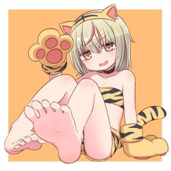 Rule 34 | 1girl, animal ears, animal hands, animal print, bandeau, bare legs, bare shoulders, barefoot, black choker, blush, brown background, brown eyes, brown hair, character request, choker, collarbone, commentary request, fake animal ears, feet, foot focus, foreshortening, freckles, gloves, hair between eyes, highres, knees up, legs, looking at viewer, multicolored hair, naga u, open mouth, paw gloves, print shorts, red hair, short shorts, shorts, sitting, smile, soles, solo, streaked hair, tail, tiger ears, tiger print, tiger tail, toranoana, two-tone background, white background, yellow gloves, yellow shorts