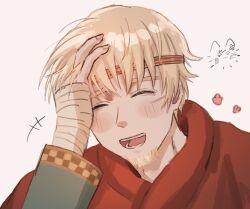 Rule 34 | 1boy, 1other, absurdres, animal, bandaged hand, bandages, bandaid, bandaid on face, beard, blonde hair, blush, canute, cat, closed eyes, eyelashes, facial hair, frown, hand on own head, happy, harumakijiro, headband, highres, king, laughing, looking at another, male focus, motion lines, open mouth, pink background, short hair, simple background, teeth, thorfinn, tongue, viking, vinland saga