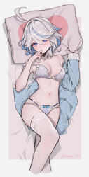 Rule 34 | 1girl, ahoge, bad source, bed sheet, blue eyes, blue hair, blue shirt, blush, bow, bow panties, bra, breasts, commentary request, commission, drop-shaped pupils, furina (genshin impact), genshin impact, grey hair, head on pillow, heart, heart print, highres, looking at viewer, lying, medium breasts, multicolored hair, multiple views, navel, panties, pixiv commission, shirt, short hair, sooon, stomach, symbol-shaped pupils, thighhighs, underwear, white bra, white thighhighs