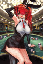 Rule 34 | 1girl, animal ears, armband, bare shoulders, black hair, breasts, casino, casino card table, choker, detached sleeves, fake animal ears, feet out of frame, fishnets, glasses, grey eyes, hair over one eye, highres, indoors, inuyou, lain paterson, lain paterson (2nd costume), large breasts, leaning, miniskirt, multicolored hair, necktie, nijisanji, official alternate costume, open mouth, poker chip, rabbit ears, red hair, red necktie, skirt, solo, streaked hair, table, virtual youtuber, wrist cuffs