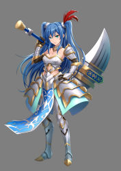 Rule 34 | 1girl, aqua eyes, armor, bare shoulders, blue hair, breasts, cleavage, commentary request, detached sleeves, elbow gloves, full body, gloves, grey background, hair ornament, long hair, looking at viewer, medium breasts, official art, oshiro project:re, oshiro project:re, over shoulder, parted lips, shamakho, solo, standing, twintails, weapon, weapon over shoulder, yodo (oshiro project)