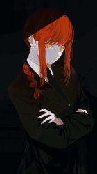 Rule 34 | 1girl, black background, black necktie, black suit, braid, business suit, chainsaw man, closed mouth, cowboy shot, crossed arms, formal, grey nails, highres, john kafka, long sleeves, looking at viewer, makima (chainsaw man), nail polish, necktie, orange eyes, red hair, ringed eyes, single braid, solo, suit