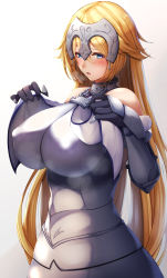 Rule 34 | 1girl, absurdres, armor, armored dress, blonde hair, blue eyes, blush, breasts, chain, covered erect nipples, fate/grand order, fate (series), fur trim, gauntlets, headpiece, highres, huge breasts, impossible armor, jeanne d&#039;arc (fate), jeanne d&#039;arc (ruler) (fate), long hair, plackart, solo, tiri man, upper body, very long hair