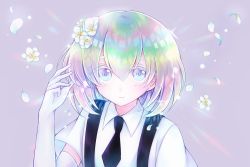 Rule 34 | 1other, androgynous, colored eyelashes, crystal hair, diamond (houseki no kuni), elbow gloves, flower, gem uniform (houseki no kuni), gloves, glowing, glowing hair, hair flower, hair ornament, houseki no kuni, looking at viewer, multicolored hair, necktie, nekotamago, rainbow hair, short hair, smile, solo, sparkle, suspenders, thick eyebrows, upper body, white eyes