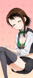 Rule 34 | 10s, 1girl, black skirt, black thighhighs, bow, bowtie, breasts, brown hair, cleavage, closed eyes, green bow, green bowtie, invisible chair, medium breasts, miniskirt, nisekoi, onodera kosaki, own hands together, shiny clothes, shiny skin, short hair with long locks, sidelocks, sitting, skirt, smile, solo, thighhighs, zettai ryouiki