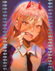 1girl black_necktie blue_jacket chainsaw_man collared_shirt cross-shaped_pupils demon_girl demon_horns devselia hair_between_eyes horns jacket long_hair long_hair_between_eyes looking_at_viewer mouth_pull multicolored_eyes necktie orange_hair power_(chainsaw_man) red_eyes red_horns sharp_teeth shirt solo symbol-shaped_pupils teeth tongue tongue_out white_shirt yellow_eyes