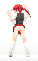 Rule 34 | 10s, 1girl, amagi brilliant park, ass, bow, censored, chuujou shiina, clothes lift, closed eyes, from behind, hair bow, kneehighs, kneepits, long hair, no panties, ogata, pussy, red hair, shoes, skirt, skirt lift, socks, solo, trembling, twintails, uwabaki