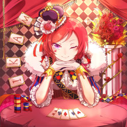 Rule 34 | 10s, 1girl, ;), bouquet, card, clubs, crown, diamond (shape), flower, gloves, own hands clasped, heart, heart tattoo, looking at viewer, love live!, love live! school idol festival, love live! school idol project, nishikino maki, one eye closed, own hands together, purple eyes, red hair, rose, short hair, smile, solo, spade, tattoo, white gloves, xinghuo