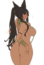 Rule 34 | 1girl, animal ears, ankh, anubis (houtengeki), armband, ass, back, black hair, blush, bracer, breasts, breath, cowboy shot, dark-skinned female, dark skin, egyptian, egyptian clothes, embarrassed, from behind, full-face blush, hairband, heavy breathing, highres, houtengeki, jackal ears, jewelry, large breasts, long hair, looking at viewer, looking back, one-piece swimsuit, open mouth, original, parted lips, ponytail, raised eyebrows, red eyes, sideboob, simple background, slingshot swimsuit, solo, standing, strap gap, sweat, swimsuit, usekh collar, white background, white one-piece swimsuit, wide hips