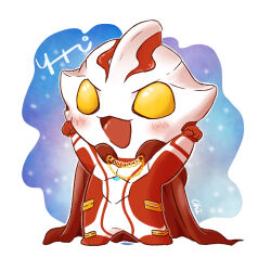Rule 34 | 1boy, arms up, blush, bodysuit, cape, chain, chibi, chiren (kc chen), clenched hands, full body, highres, male focus, no nose, no pupils, open mouth, red cape, signature, ultraman mebius, ultraman mebius (series), white background, yellow eyes