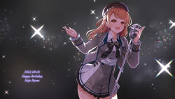 Rule 34 | 1girl, absurdres, beret, blush, dark background, dated, earrings, grey jacket, happy birthday, hat, highres, hojo karen, holding, holding microphone stand, idolmaster, idolmaster cinderella girls, jacket, jewelry, lens flare, looking at viewer, loose neck ribbon, medium hair, microphone stand, mk (mod0), nail, orange hair, patterned clothing, smile, solo, sparkle, two-tone skirt