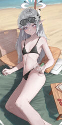 Rule 34 | 1girl, absurdres, alternate costume, bare arms, bare legs, bare shoulders, beach, bikini, black bikini, blue archive, blush, closed mouth, cup, flat chest, grey hair, halo, highres, himari (blue archive), holding, holding cup, hwan (verypoor), long hair, mole, mole under eye, ocean, pointy ears, purple eyes, purple halo, ribs, skinny, solo, swimsuit